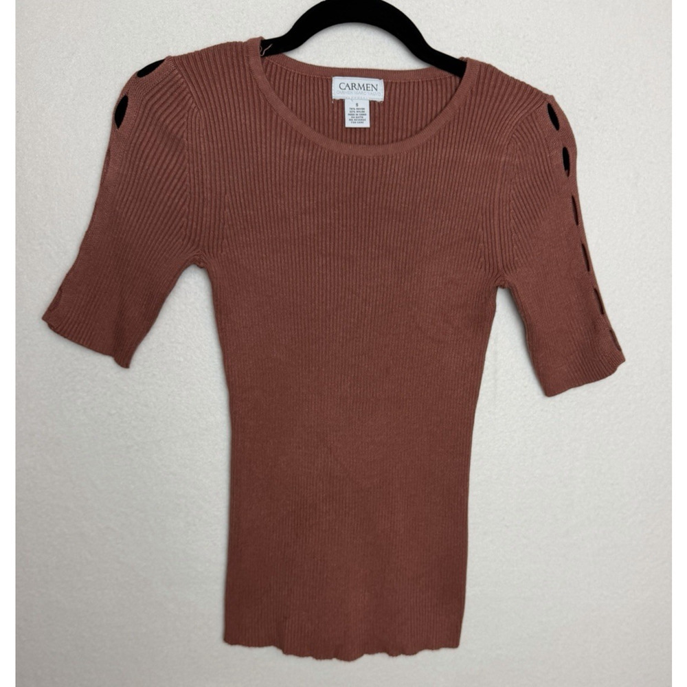 Carmen Marc Valvo Women's Ribbed Knit Top w/Cut-Out Sleeve Detail Size S Stretch